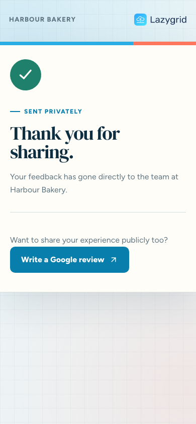 Lazygrid thank-you screen offering a customer the option to continue to Google and share a public review
