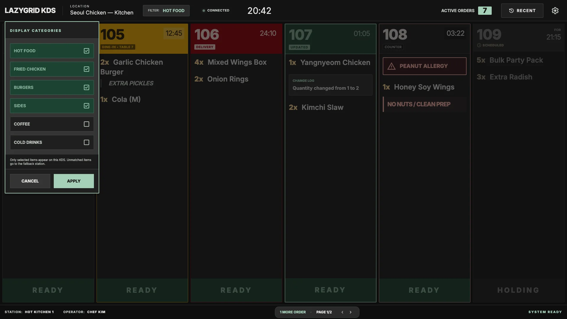 Lazygrid KDS category filter showing hot food categories selected and drinks excluded