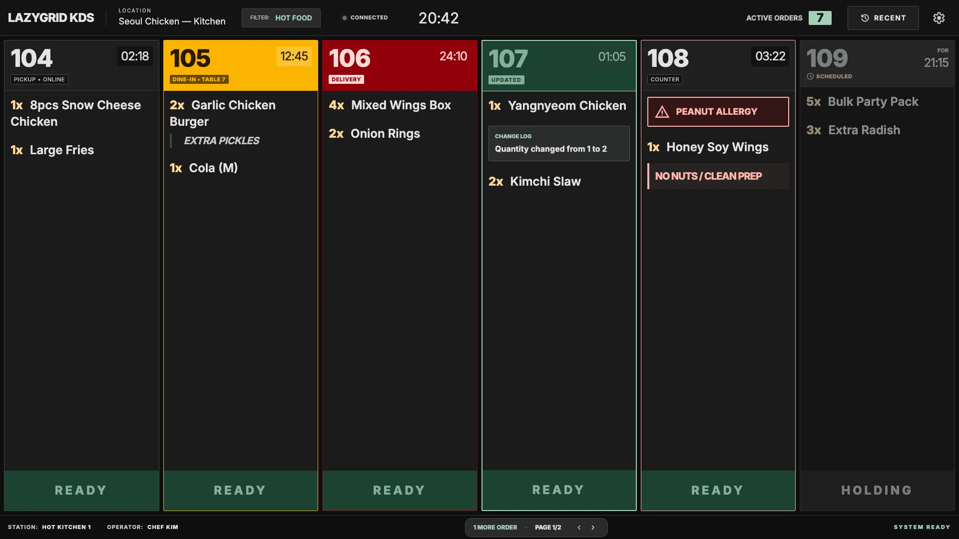 Lazygrid Kitchen Display System showing a live six-column kitchen order queue