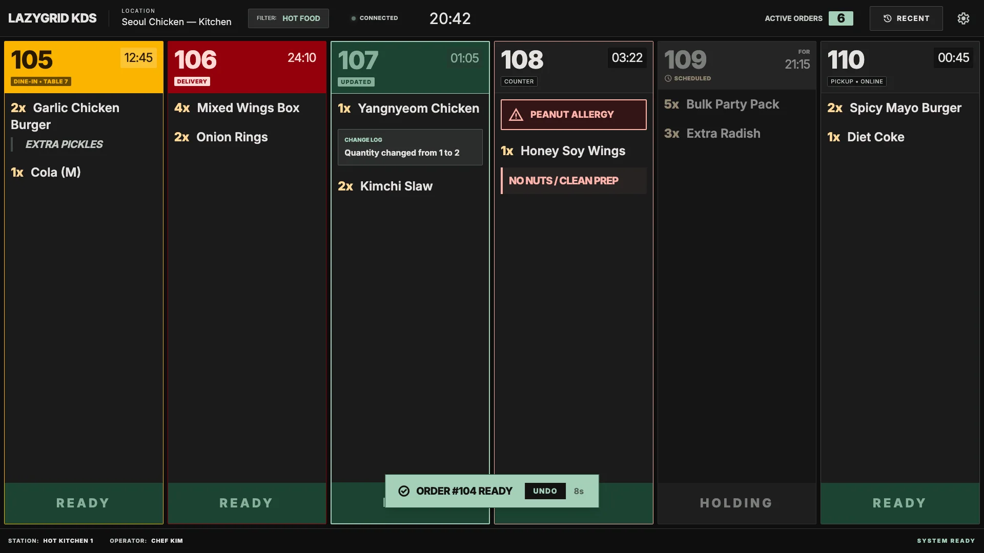 Lazygrid KDS confirmation showing order 104 ready with an eight-second undo action