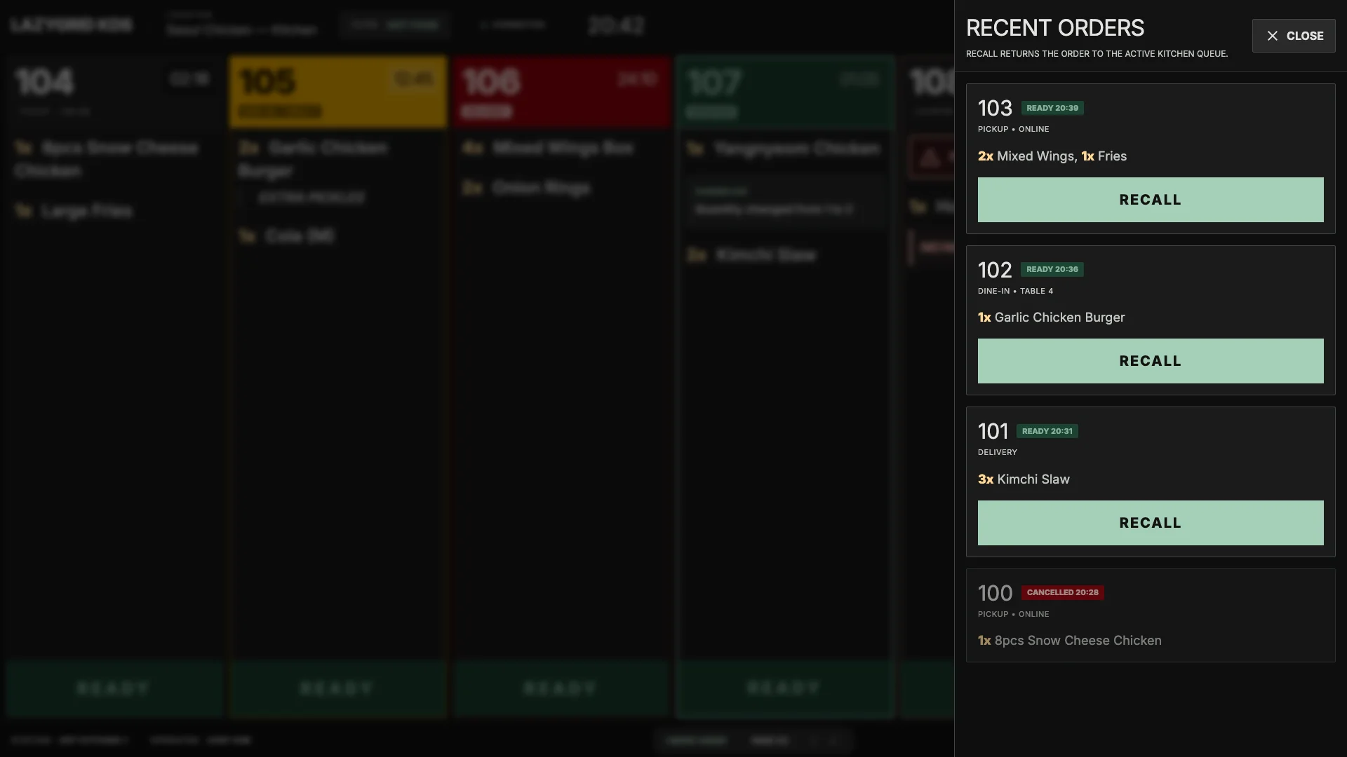 Lazygrid KDS recent order panel with recall controls