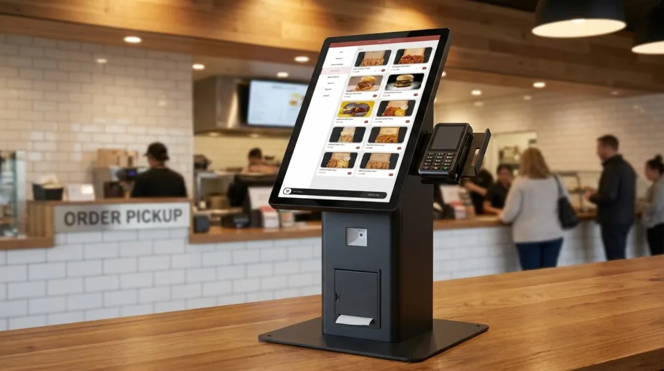 Lazygrid countertop kiosk with ordering screen, terminal and receipt printer