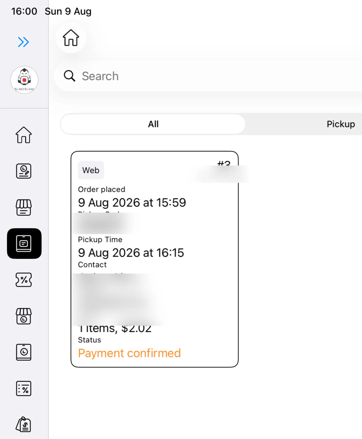 Lazygrid POS online order list with customer details redacted