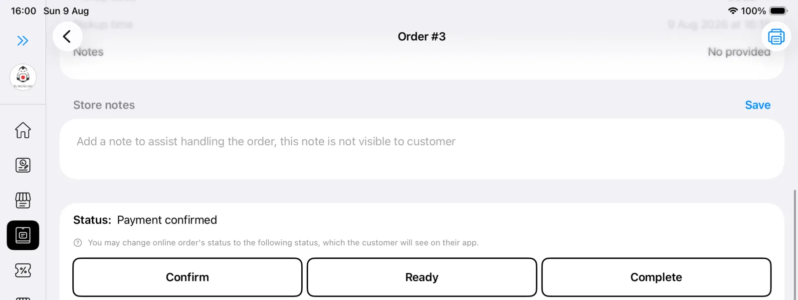 Lazygrid POS controls for confirming, preparing and completing an online order