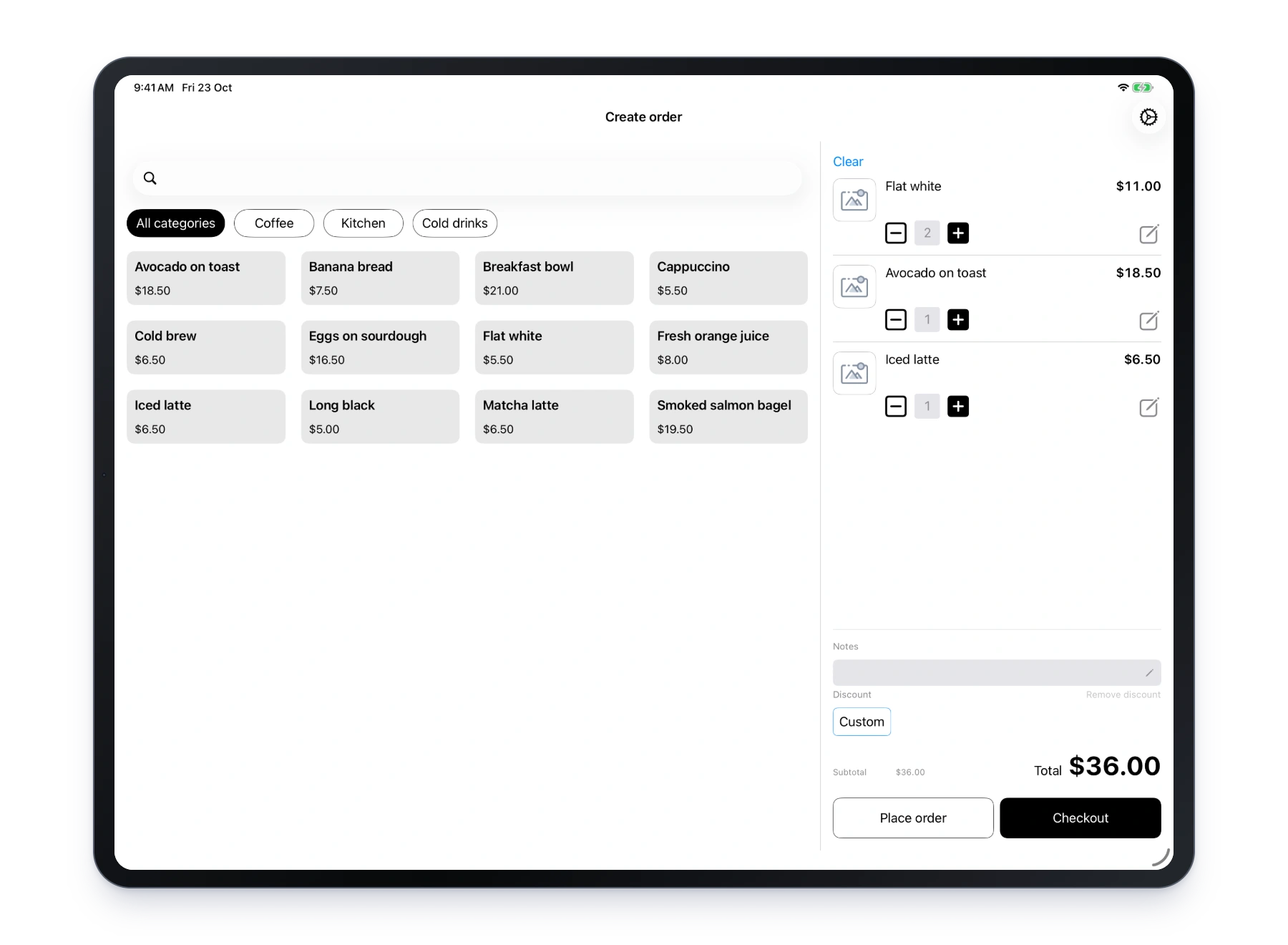 Lazygrid iPad checkout with a café menu and shopping cart